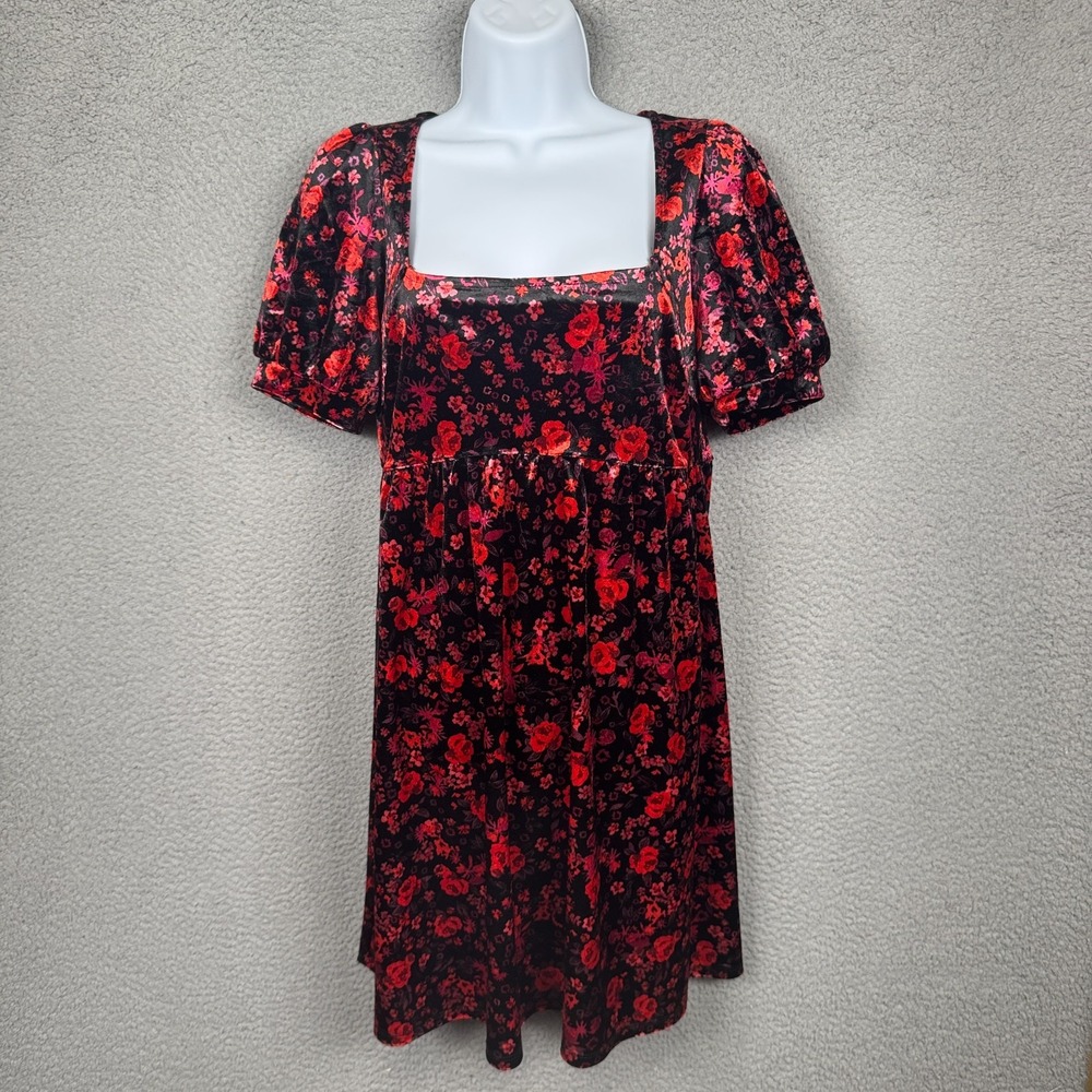 Trixxi Dress Women M Red Dark Floral Mini Velvet Romantic Whimsigoth Witchy‎ Y2K